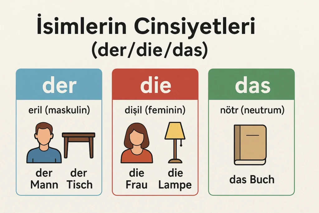 Almanca isimlerin cinsiyetleri tablosu: der (eril), die (dişil), das (nötr)