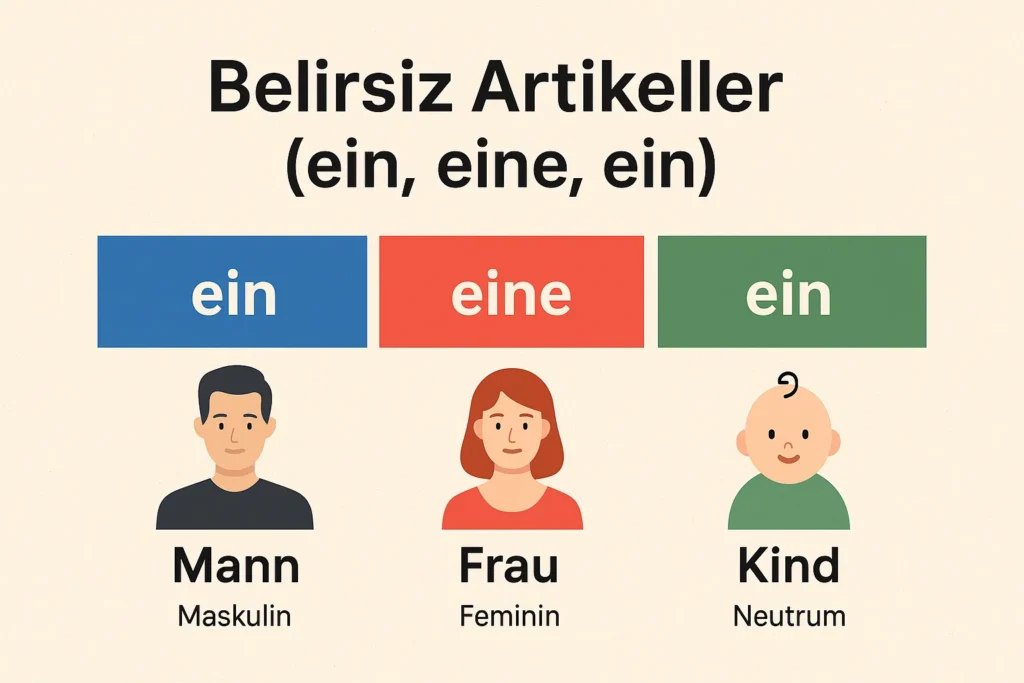 Almanca belirsiz artikeller tablosu: ein, eine, ein örnekleriyle Mann, Frau, Kind görselle anlatım